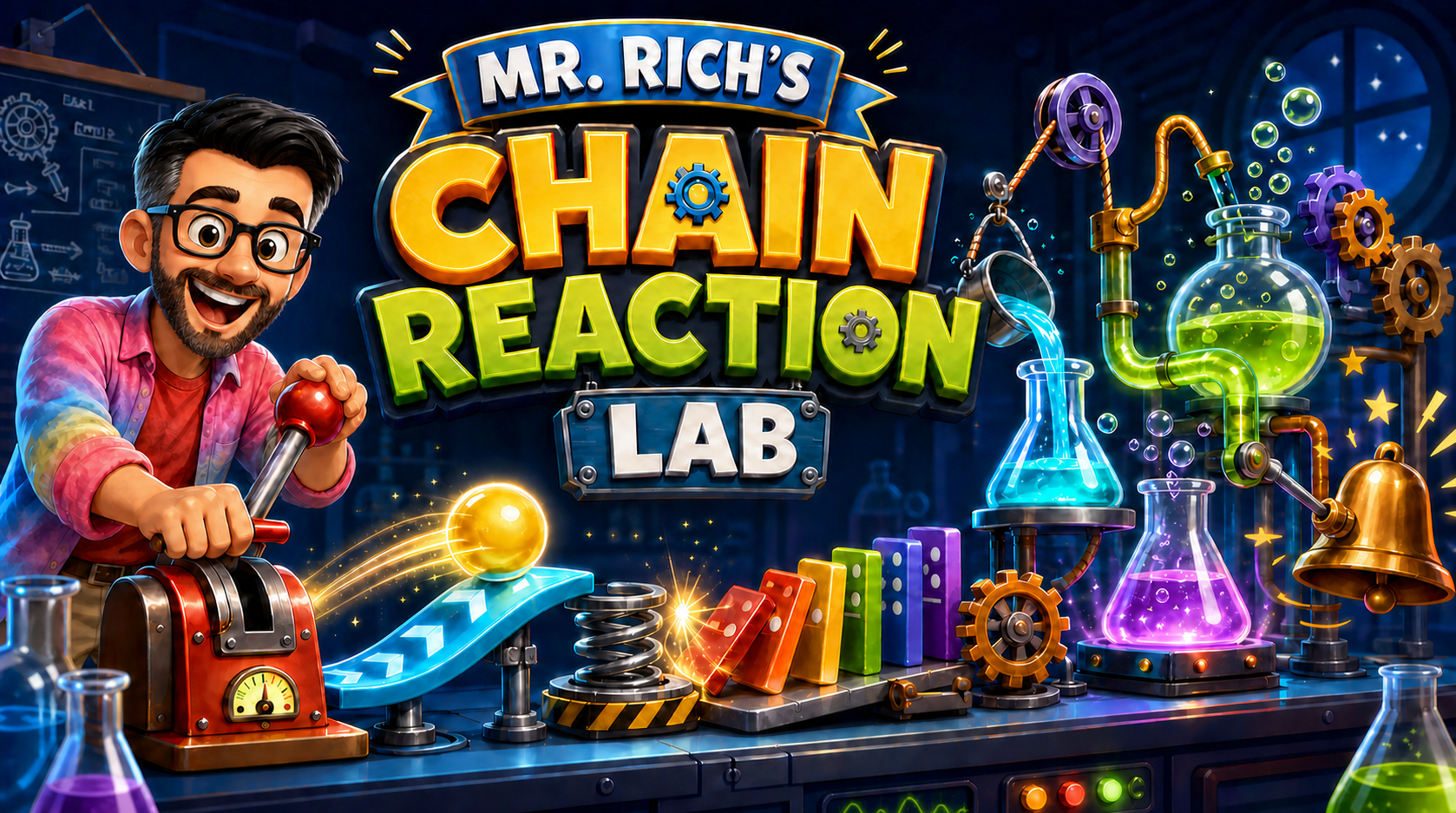 Mr. Rich operates a colorful chain reaction machine in his science lab