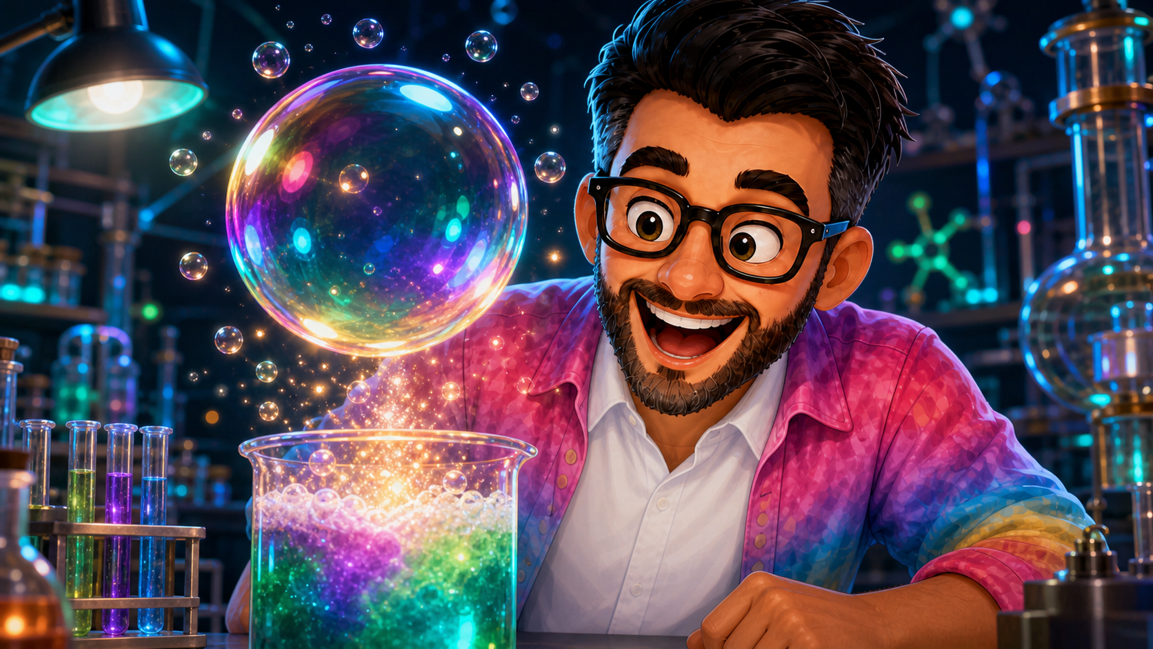 Mr. Rich creates a giant shimmering bubble in his colorful laboratory