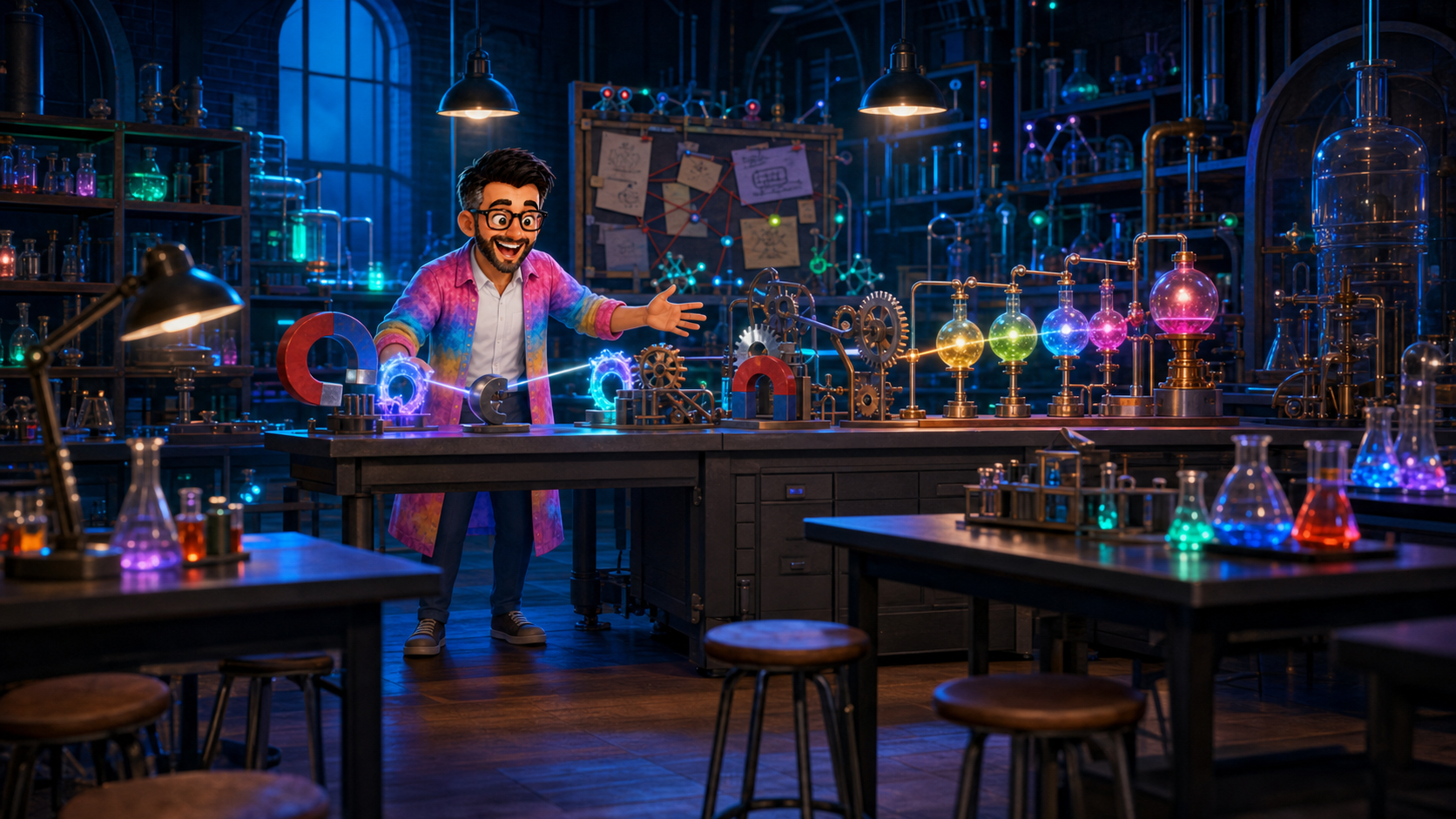 A wide view of Mr. Rich guiding a chain-reaction experiment in his laboratory classroom